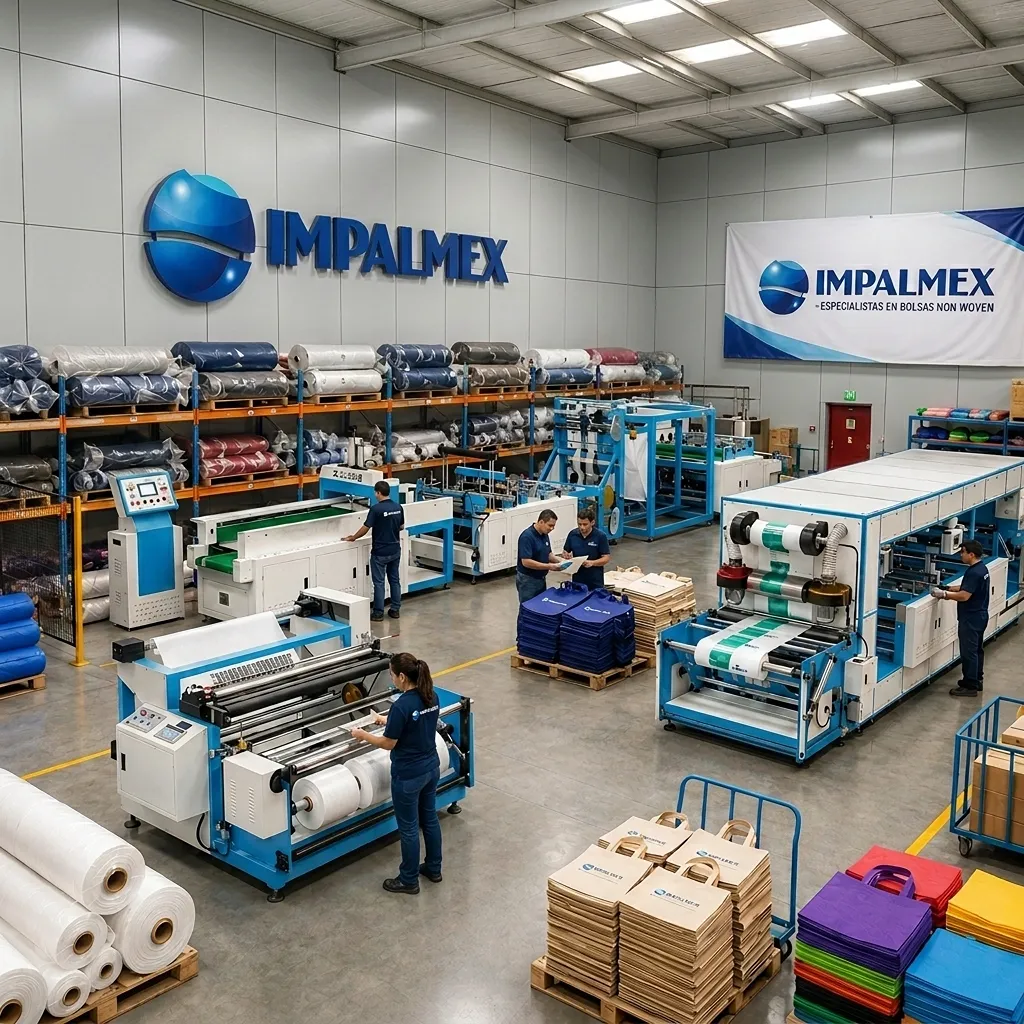Maquinaria de última generación para fabricación de bolsas ecológicas de tela no tejida Non Woven de polipropileno en Impalmex, con procesos automatizados de costura y ultrasonido para producción industrial de bolsas publicitarias reutilizables.
